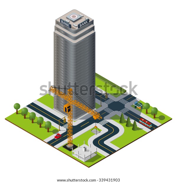 Isometric city map. Bank\
building in downtown. Yellow crane illustration. Skyscraper\
construction.