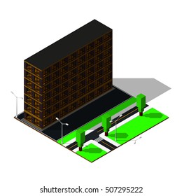 Isometric city map. Big 3d brown building with roads, crossroad, trees, cars and street lamps. Isometric elements.