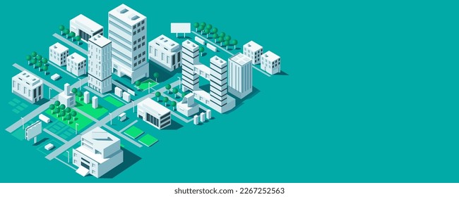 Isometric city map with buildings. Business office and commercial towers in 3d cityscape. City development concept for web design. Urban architecture and design of street elements. Vector illustration