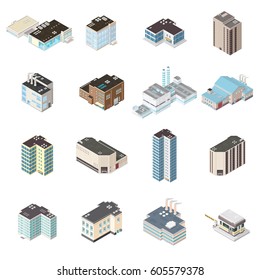 Isometric City Map Buildings.
A set of isometric urban city icon illustrations. Including, shopping malls, accommodation, and industrial buildings.