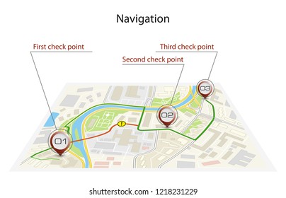 Isometric city map business infographic navigation, vector isometry point markers schema, 3D simple city plan GPS navigation, final destination arrow paper city map. Route delivery check point graphic