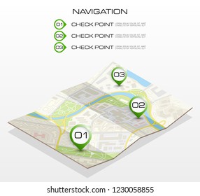 Isometric city map business infographic navigation, vector isometry point markers schema, 3D simple city plan GPS navigation, final destination arrow paper city map. Route delivery check point graphic