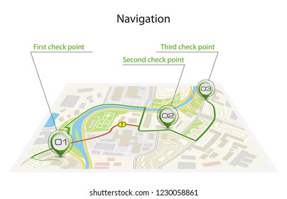 Isometric city map business infographic navigation, vector isometry point markers schema, 3D simple city plan GPS navigation, final destination arrow paper city map. Route delivery check point graphic