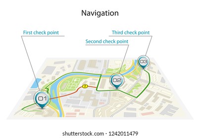 Isometric city map business infographic navigation, vector isometry point markers schema, 3D simple city plan GPS navigation, final destination arrow paper city map. Route delivery check point graphic