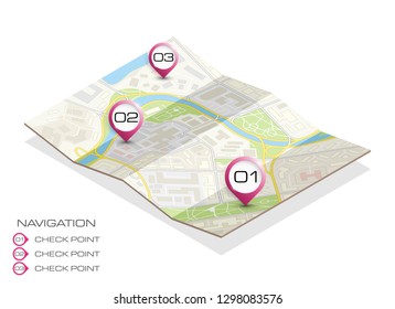 Isometric city map business infographic navigation, vector isometry point markers schema, 3D simple city plan GPS navigation, final destination arrow paper city map. Route delivery check point graphic