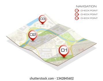Isometric city map business infographic navigation, vector isometry point markers schema, 3D simple city plan GPS navigation, final destination arrow paper city map. Route delivery check point graphic