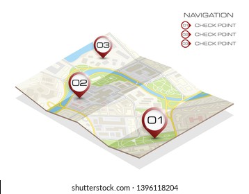 Isometric city map business infographic navigation, vector isometry point markers schema, 3D simple city plan GPS navigation, final destination arrow paper city map. Route delivery check point graphic
