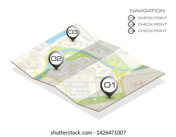 Isometric city map business infographic navigation, vector isometry point markers schema, 3D simple city plan GPS navigation, final destination arrow paper city map. Route delivery check point graphic