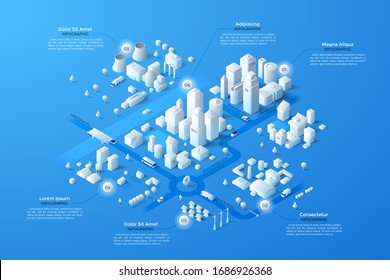 Isometric city map with business, living and industrial districts, urban and suburban areas, paper white buildings and river. Real estate plan. Infographic design template. Modern vector illustration.