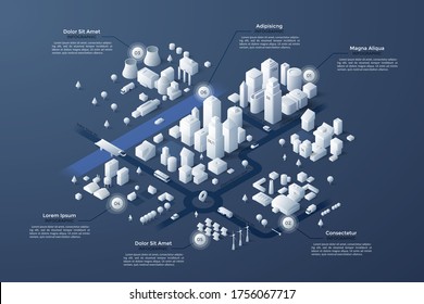 Isometric city map with business, living and industrial districts, urban and suburban areas, paper white buildings and river. Real estate plan. Infographic design template. Modern vector illustration.