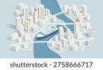Isometric city map with cargo ship on river and red location pins. Vector illustration.