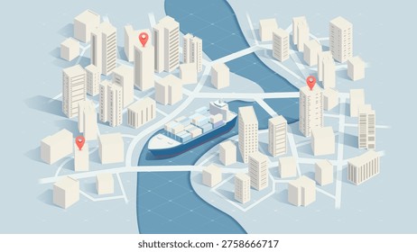 Isometric city map with cargo ship on river and red location pins. Vector illustration.