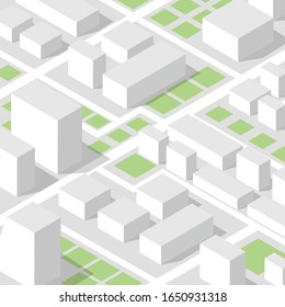 Concepto de mapa urbano isométrico con edificios, carreteras y zonas verdes. Ilustración del vector