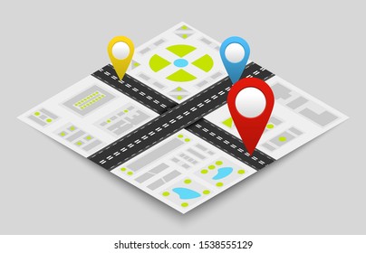 Isometric city map concept with colorful pointers crossed roads buildings water and nature areas. Isolated vector illustration