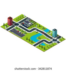 Isometric city map. Crossroads and road markings illustration. Bridge over the wide river in downtown. Industrial building and central parking illustration. 3d city.