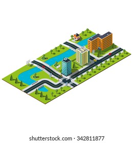 Isometric city map. Crossroads and road markings illustration. Bridge over the wide river in downtown. Bakery illustration. Isometric city. 3d city.