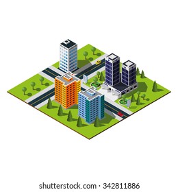 Isometric city map. Crossroads and road markings illustration. Hospital in downtown.