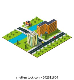 Isometric city map. Crossroads and road markings illustration. Bridge over the wide river in downtown. Bakery illustration.
