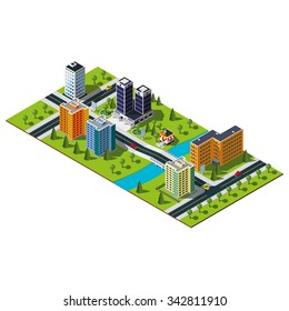 Isometric city map. Crossroads and road markings illustration. Bridge over the wide river in downtown. Hospital and bakery illustration. 3d city.