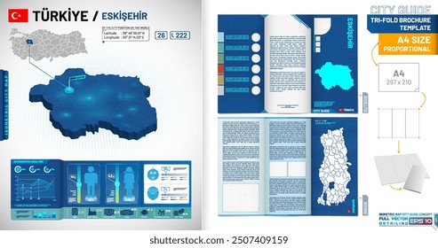 Isometric city map, demographic information card and city guide brochure concept. Detailed 3D map perspective, all vector drawing. Translation: "Türkiye Eskisehir"