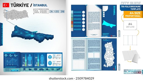 Isometric city map, demographic information card and city guide brochure concept. Detailed 3D map perspective, all vector drawing. Translation: "Türkiye Istanbul"