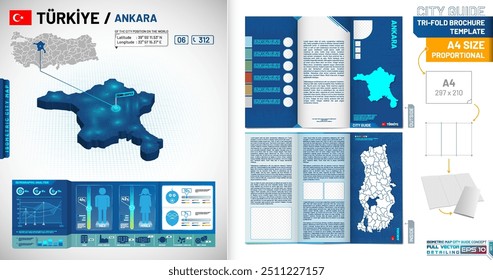 Mapa isométrico da cidade, ficha de informação demográfica e conceito de brochura do guia da cidade. Perspectiva detalhada do mapa 3D, todos os desenhos vetoriais. Tradução: "Türkiye Ankara"