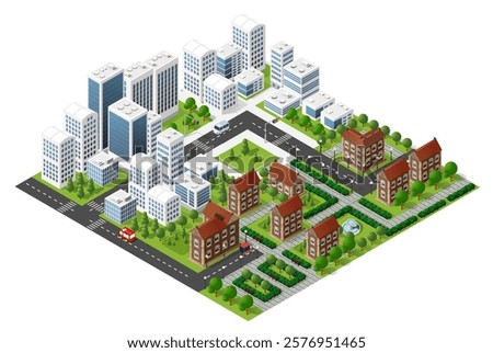 Isometric city map depicting a modern urban landscape with skyscrapers, residential buildings, roads, trees, and green spaces