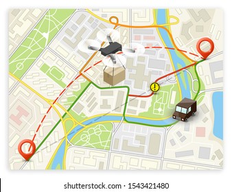 Isometric city map drone navigation, copter point markers, vector isometry town schema, 3D simple city plan GPS navigation, final drone destination arrow city. Route delivery check point graphic
