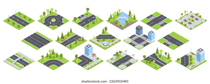 Isometric city map elements. Street roads, buildings, crossroads with traffic lights and street gardening 3D vector illustration set