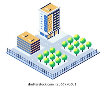 Isometric city map generator creates district with skyscrapers, offices, green parks, and roads, representing urban planning and development