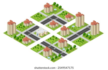 Isometrischer Stadtplan-Generator, der verschiedene Bauarten, Straßen und Grünflächen für Stadtentwicklung und Visualisierung demonstriert