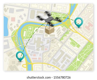Isometric city map helicopter navigation, copter point markers, vector isometry town schema, 3D simple city plan GPS navigation, final drone destination arrow city. Route delivery check point graphic