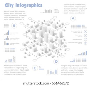 Isometric City Map Industry Infographic Set, With Transport, Architecture, Graphic Design Elements. Urban Information Concept Template With Statistical Icons, Charts, Diagrams In Flat Colors