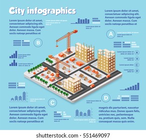 Isometric city map industry infographic set, with transport, architecture, graphic design elements. Urban information concept template with statistical icons, charts, diagrams in flat colors