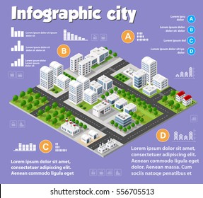 Isometric city map industry infographic set, with transport, architecture, graphic design elements. Urban information concept template with statistical icons, charts, diagrams in flat colors