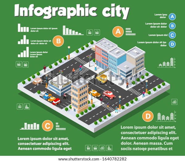 Isometric city map\
industry infographic set, with transport, architecture, graphic\
design elements. Urban information concept template with\
statistical icons, charts,\
diagrams