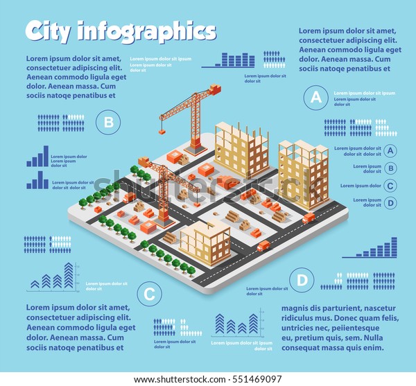 Isometric city map industry infographic set, with\
transport, architecture, graphic design elements. Urban information\
concept template with statistical icons, charts, diagrams in flat\
colors