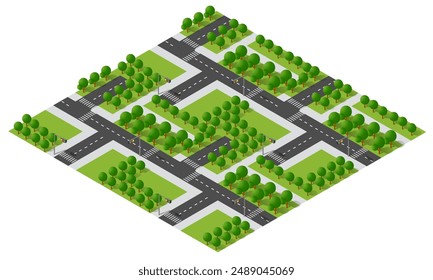 Mapa de la ciudad isométrica con muchas carreteras, intersecciones, césped verde y árboles, que representan una ciudad ecológica y sostenible