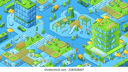 Isometric city map, modern town with eco park, kids playground, hotel and office buildings. Vector illustration of city district, urban architecture and vehicles on streets