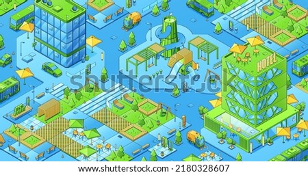 Isometric city map, modern town with eco park, kids playground, hotel and office buildings. Vector illustration of city district, urban architecture and vehicles on streets