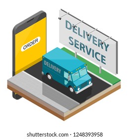 Isometric city map navigation phone point delivery van, vector isometric schema itinerary delivery car, city plan GPS navigation, itinerary destination arrow city map. Route delivery truck check point