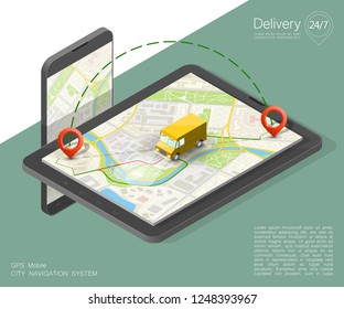 Isometric city map navigation phone point delivery van, vector isometric schema itinerary delivery car, city plan GPS navigation, itinerary destination arrow city map. Route delivery truck check point