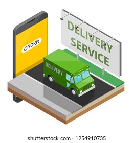 Isometric city map navigation phone point delivery van, vector isometric schema itinerary delivery car, city plan GPS navigation, itinerary destination arrow city map. Route delivery truck check point