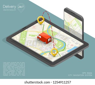 Isometric city map navigation phone point delivery van, vector isometric schema itinerary delivery car, city plan GPS navigation, itinerary destination arrow city map. Route delivery truck check point