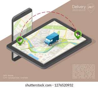 Isometric city map navigation phone point delivery van, vector isometric schema itinerary delivery car, city plan GPS navigation, itinerary destination arrow city map. Route delivery truck check point