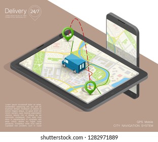 Isometric city map navigation phone point delivery van, vector isometric schema itinerary delivery car, city plan GPS navigation, itinerary destination arrow city map. Route delivery truck check point