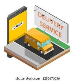 Isometric city map navigation phone point delivery van, vector isometric schema itinerary delivery car, city plan GPS navigation, itinerary destination arrow city map. Route delivery truck check point