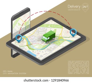 Isometric city map navigation phone point delivery van, vector isometric schema itinerary delivery car, city plan GPS navigation, itinerary destination arrow city map. Route delivery truck check point