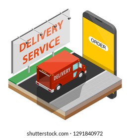 Isometric city map navigation phone point delivery van, vector isometric schema itinerary delivery car, city plan GPS navigation, itinerary destination arrow city map. Route delivery truck check point