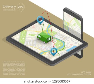 Isometric city map navigation phone point delivery van, vector isometric schema itinerary delivery car, city plan GPS navigation, itinerary destination arrow city map. Route delivery truck check point